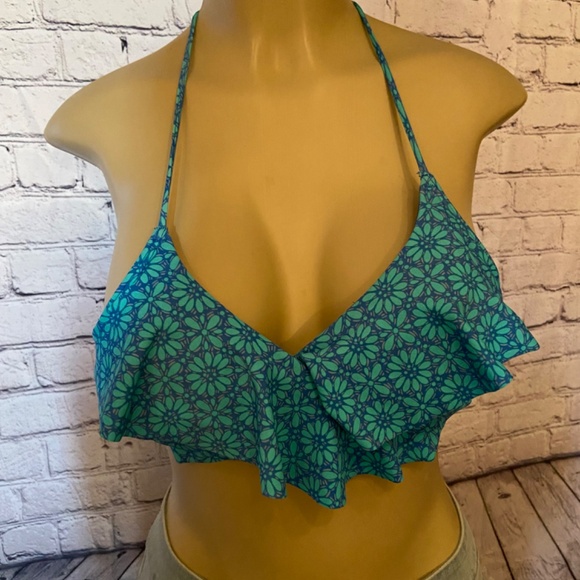 Aerie Ruffle Bikini Wrap Top, Aqua Floral, Size Medium - Picture 2 of 5